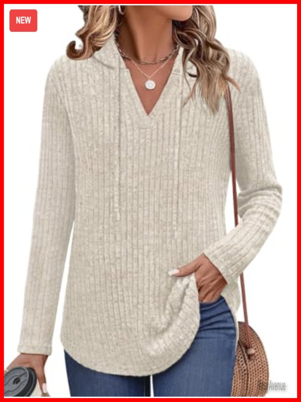 Womens Ribbed Knit V Neck Pullover Hoodie Long Sleeve Sweater Top